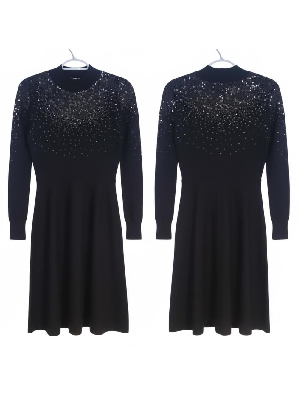 Vince Camuto Black Sequin Dress Long Sleeve Knit Sweater Dress Party Cocktail